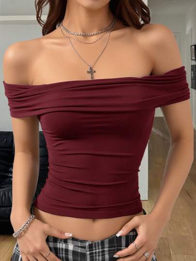 Coolane Women's Spring Summer Y2K Fashion Vintage 90s Fashion Music Festival Concert Party Stretchy Comfortable Ruched Black Fitted Off The Shoulder Pleated Tops Off The Shoulder Top