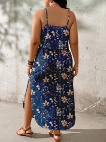 SHEIN LUNE Plus Size Women Textured Leaf Print Vacation Dress, Suitable For Summer,Sun Dresses For Women Chic Dress - Blue - View 2