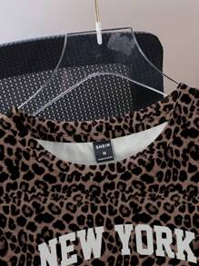 SHEIN Leap Crew Tween 女童休闲简约街头豹纹纽约图案短袖圆领 T 恤，适合夏季 - 彩色 - 查看 4