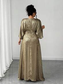 Elenzga Plus Size Women's Hot Selling V-Neck Split Waist A-Line Metallic Print Elegant Slimming Evening Dress For High-Level Banquet, Party, Business, Off Shoulder, Romantic, Super Long, Formal Gown - Gold - View 2