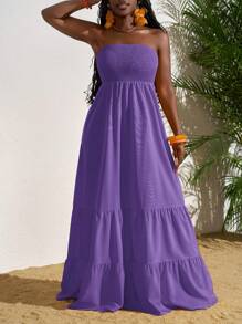 Slaydiva 荷叶边露肩度假长裙，夏季时尚 - 紫色 - 查看 5