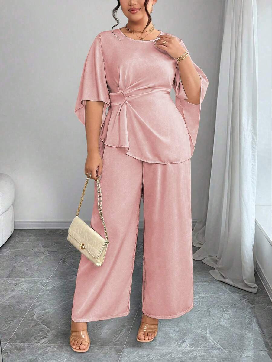 Elenzga Elegant 2 Pieces Set: Pleated Ruffle Sleeve Top And Wide Leg Pants - Pink - View 1