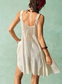 Bohemela Leisure Holiday Crochet Splicing Elegant Chiffon Large Square Neck Ruffle Hem Suspender Dress - Apricot - View 6