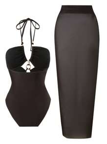 SHEIN 2pcs Women's Plain Color Sexy Front Cross Hollow Out Strap Sets, Summer