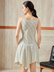Chiquease 女士休闲优雅通勤不规则下摆条纹细肩带梭织连衣裙 - 彩色 - 查看 7