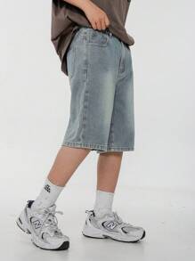 SHEIN Explorewe Pantaloncini di jeans per ragazzi adolescenti, moda di strada casual e comoda, stile urbano cool hipster, estate vintage vintage, pantaloncini di jeans con vita elastica allentati