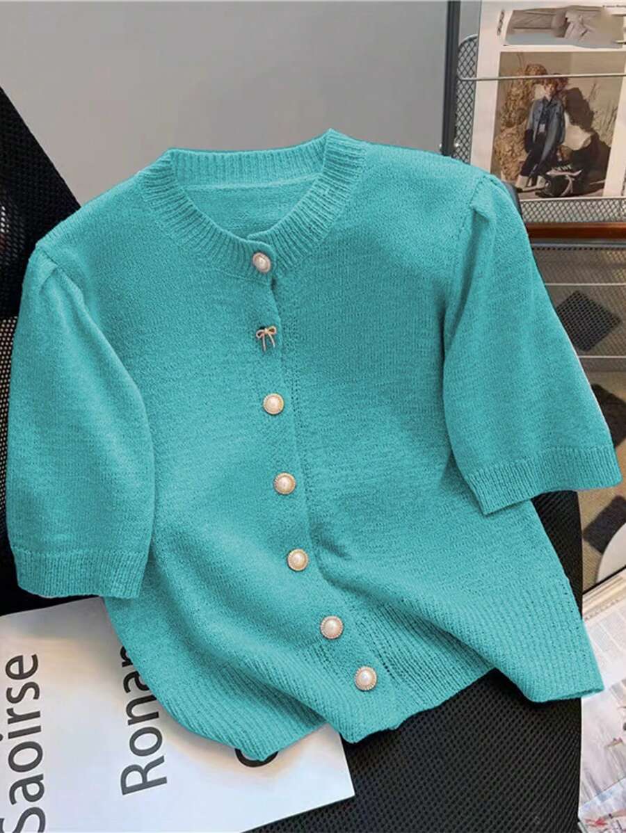 SHEIN LUNE Women's Fashionable Crew Neck Balloon Sleeve Knit Sweater, Age-Reducing Style - Green - View 1