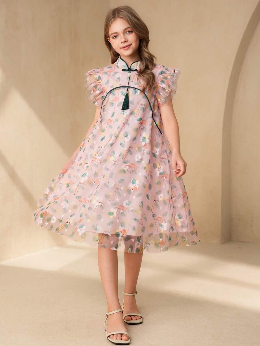 SHEIN 青春期女孩优雅迷人可爱的改良旗袍A字裙 - 彩色 - 查看 1