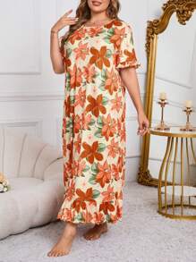 SHEIN Camisón de manga corta con volantes y estampado floral, vestido de dormir tipo "Moo Moo" de talla grande - Multicolor - Ver 3