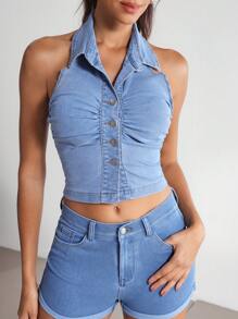 SHEIN Tall 女士牛仔衬衫，纯色，时尚，适合夏季 - 黑色 - 查看 3