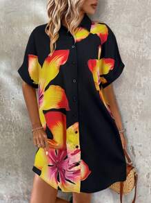 SHEIN LUNE Women Floral Printed Front Open Collar Short Sleeve Mini Dress, Spring/Summer - Black - View 4