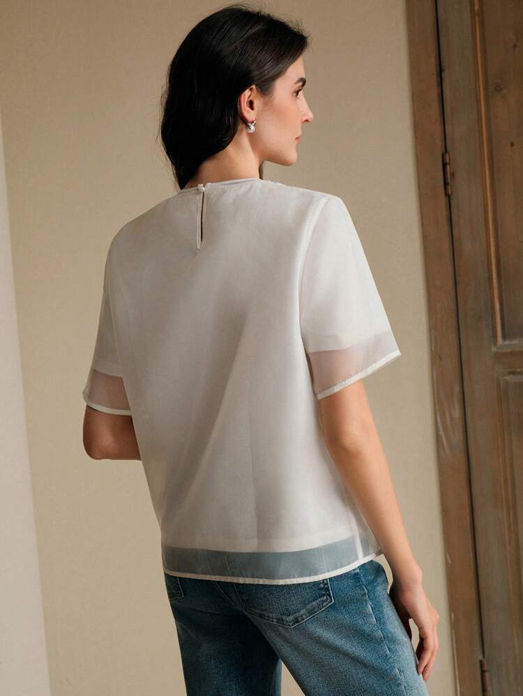 Elegant White Pearl Handmade Premium Custom Double-Layer T-Shirt Top For Women, Original Design