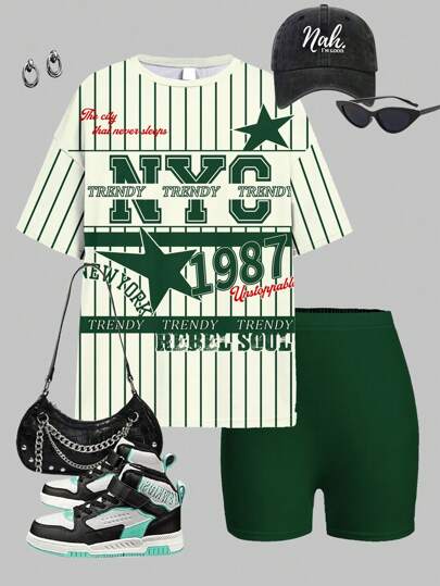 SHEIN Girlism 2pcs Cool Girl Graphic Printed Casual Sporty Tween Girls Short Sleeve T-Shirt And Shorts Set, Summer Outfit