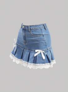 SHEIN Teen Girls' Spring Summer Y2K Casual Versatile Light Washed 2 Pcs Low Waist Denim Mini Skirt And Crop Top With Trim And Bowknot Detailed,Girls Summer Beach Boho Vacation Two Pieces Outfits,Summer Brunch Graduation Outfits,Summer Rave Concert Festival Streetwear Outfits - Light Wash - View 2