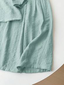 SHEIN LMoss Kids LMoss 女婴休闲简约纯色宽松短袖上衣松紧腰长裤套装，适合夏季 - 綠色 - 查看 6