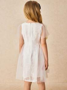 SHEIN Young Girls & Elegant Mesh Patchwork Puff Sleeve Dress - White - View 2