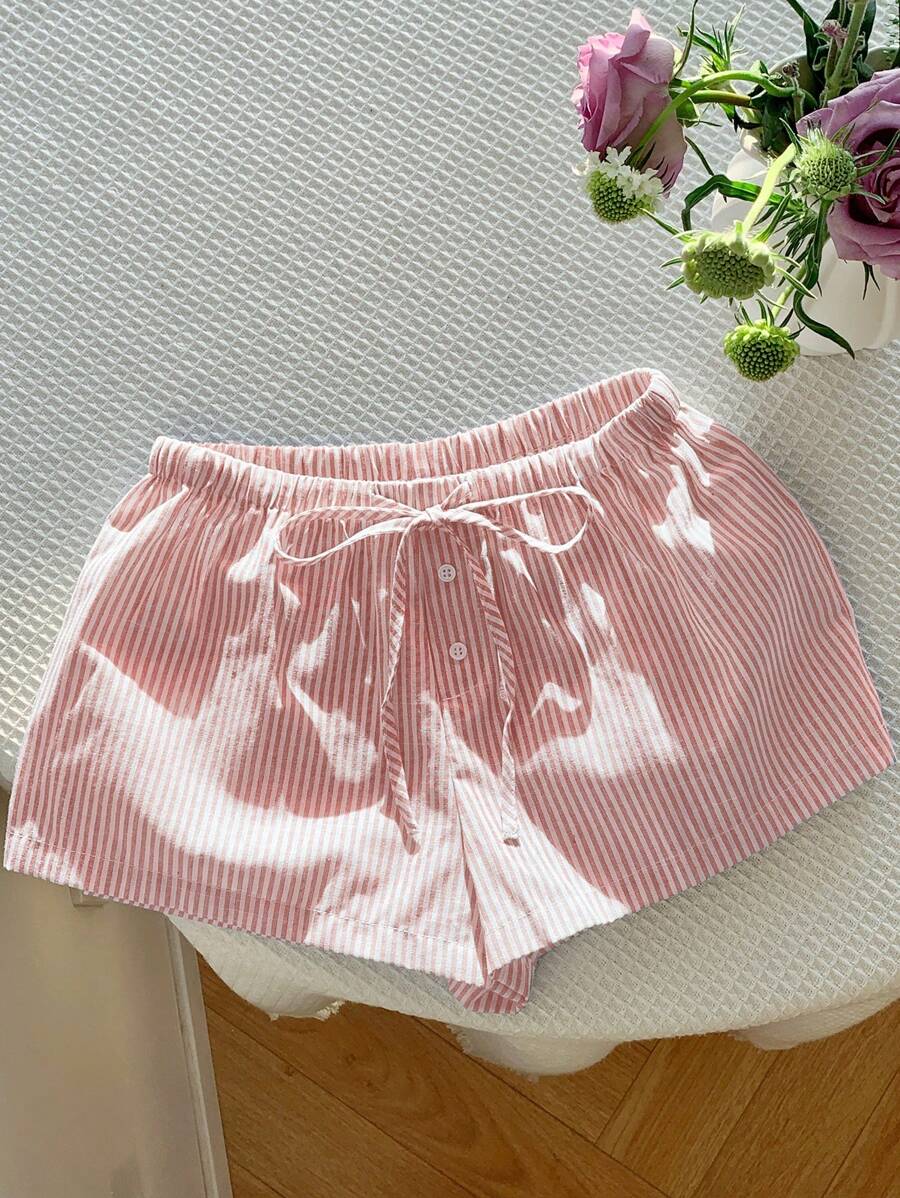 Comfortcana Quần short vải lanh sọc thường ngày cho nữ, mùa hè - Màu Hồng baby - Xem 1