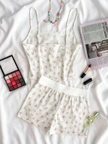 SHEIN Conjunto de 2 piezas de camisola con lazo y encaje con estampado floral diminuto, y shorts de cintura alta, estilo clean girl/bm, primavera y verano para chicas adolescentes, color azul marino - Rosa - Ver 2