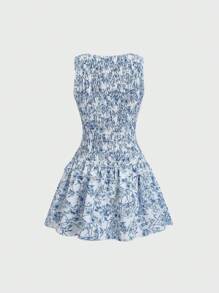 Sweetra Spring/Summer Ditsy Floral Elastic Waist Short Dress For Women