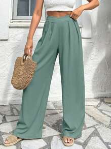 Women's Solid Color Asymmetric Waistband Pleated Loose Wide Leg Casual Pants - Mint Green - View 6