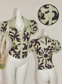 SHEIN ICON Camiseta de manga corta ajustada con botones delanteros y estampado completo de aloha hawaiano verde, estilo hippie y bohemio para mujer, verano