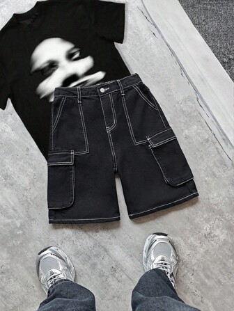 SHEIN Tween Boy Fashion Casual Y2k Basic Simple Mix And Match White Bump Stitch Black Loose Tooling Wide Leg Denim Shorts For Boy Costume Dailywear And Kids Summer And Spring Clothes