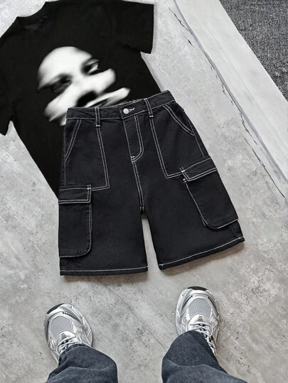 SHEIN Tween Boy Fashion Casual Y2k Basic Simple Mix And Match White Bump Stitch Black Loose Tooling Wide Leg Denim Shorts For Boy Soft Dailywear And Kids Summer And Spring Clothes
