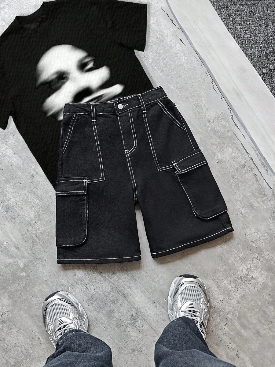 SHEIN 男童时尚休闲 Y2k 基本款简约混搭白色凸点黑色宽松阔腿牛仔短裤,柔软舒适,适合日常穿着,也适合儿童春夏穿着。 - 黑色 - 查看 1