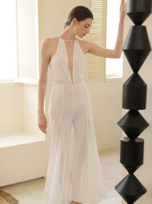 女式简约夏季镂空系带吊带连体裤 - 白色 - 查看 1