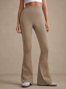 1pc Regular Flare Pants, Moisture Wicking Fabric, Wheat Color, Side Wheat Design, Basic Style, Seamless, Suitable For Fitness/Yoga
