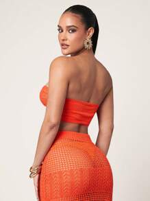 Silquee 女士纯色镂空扭纹前短款性感针织吊带背心 - 亮橙色 - 查看 4