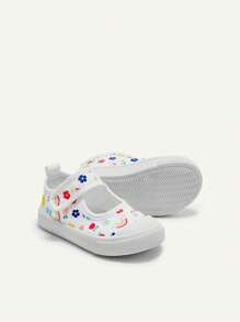 Cozy Pixies 1 双女童彩色花朵帆布魔术贴鞋，甜美可爱，舒适透气平底鞋，适合日常休闲穿着，四季皆宜 - 白色 - 查看 10