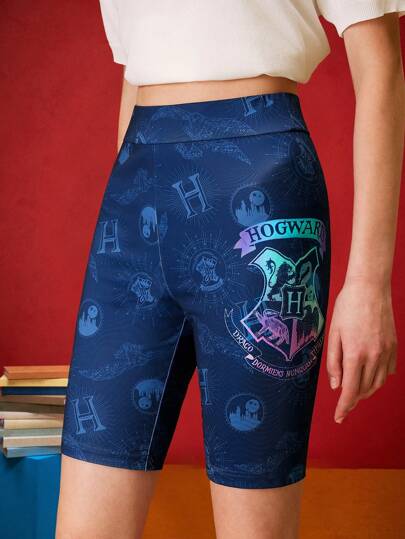 HARRY POTTER X SHEIN Women Summer Preppy Style High Waist Letter & Hogwar Ts School Badge Print Stretchy Biker Shorts