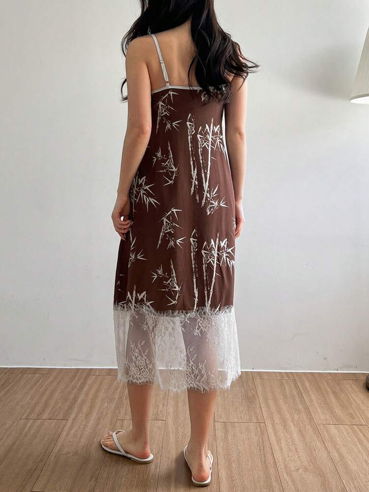 Chinese Style Bamboo Print Contrast Color Lace Patchwork Slip Dress For Women Pajama