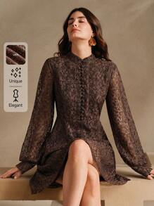 Anewsta Women's Floral Lace Stand Collar Long Sleeve Elegant Spring Mini Dress