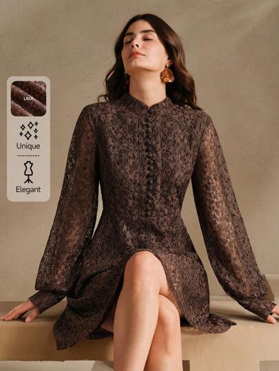 Anewsta Women's Floral Lace Stand Collar Long Sleeve Elegant Spring Mini Dress