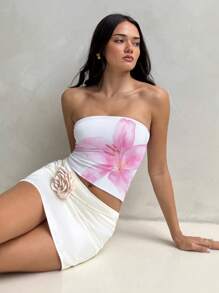 Aloruh Women's Casual Pink Lily Print Tube Top, Suitable For Summer, Beach, Music Festivals