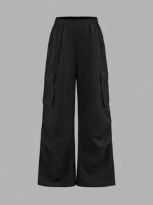 Conjunto de 2 piezas para niña preadolescente con camiseta de cuello en V de manga corta holgada con estampado numérico y alfabético, y pantalones cargo de pierna ancha - Blanco y Negro - Ver 8