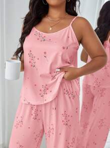 Plus Size Pajama Set, Solid Color Camisole And Pants, Fashionable For Summer - Coral Pink - View 3