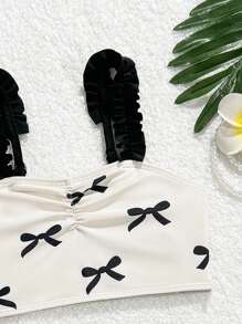 3件套女童可爱蝴蝶结印花比基尼套装（含纱笼沙滩罩衫）