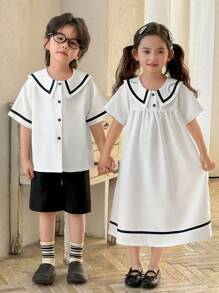 Girls' White Loose Fit Navy Style Dress - White - View 8