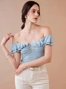 Chiquease Wedding Season Off Shoulder Blue Ruffle Twist Form-Fitting Sexy Top - Blue - View 7