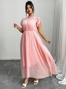 Elenzga Váy dài tay màu hồng nhạt thanh lịch bằng vải chiffon dệt kim cỡ lớn cho nữ mùa xuân/hè - Bụi hồng - Xem 5