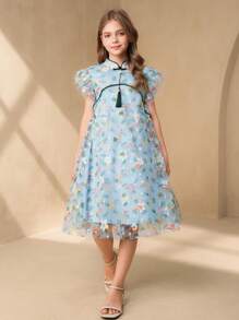 SHEIN Vestido de línea A elegante y lindo tipo cheongsam modificado para niñas preadolescentes - Multicolor - Ver 3
