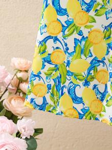 SHEIN 年轻女孩休闲绿色盖袖印花连衣裙，夏季日常穿着，宽松喇叭裙，女孩夏季度假装 - 黃色 - 查看 4