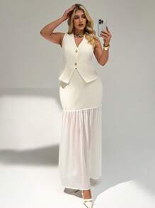 Auralis Plus Size Women Single-Breasted Vest And Midi Skirt Set, Elegant 2 Pieces Outfit,Summer Outfits For Women - Apricot - View 4