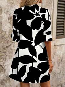 SHEIN Clasi Vestido corto y elegante de mujer con estampado floral negro sobre base blanca, apropiado para el verano