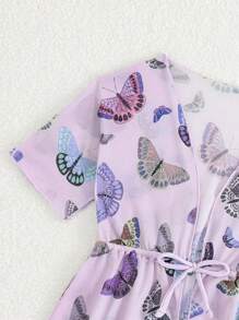 Baby Girls Butterfly Print 1-Piece Swimsuit With Cover-Up, Suitable For Summer, Beach - Multicolor - View 3