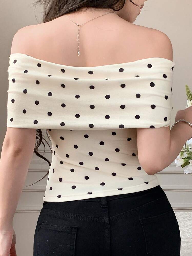 Blusa/Camiseta ajustada de hombros descubiertos con estampado de lunares para mujer - Albaricoque - Añade 2