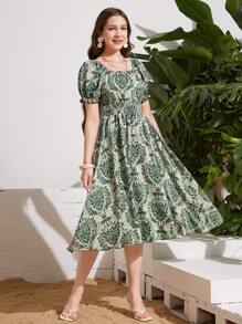 SHEIN Teens Girls Print Pattern Square Neck Puff Sleeve Pleated Waist Fitted Short Dress, Suitable For Summer Outings And Vacations - Dark Green - View 4